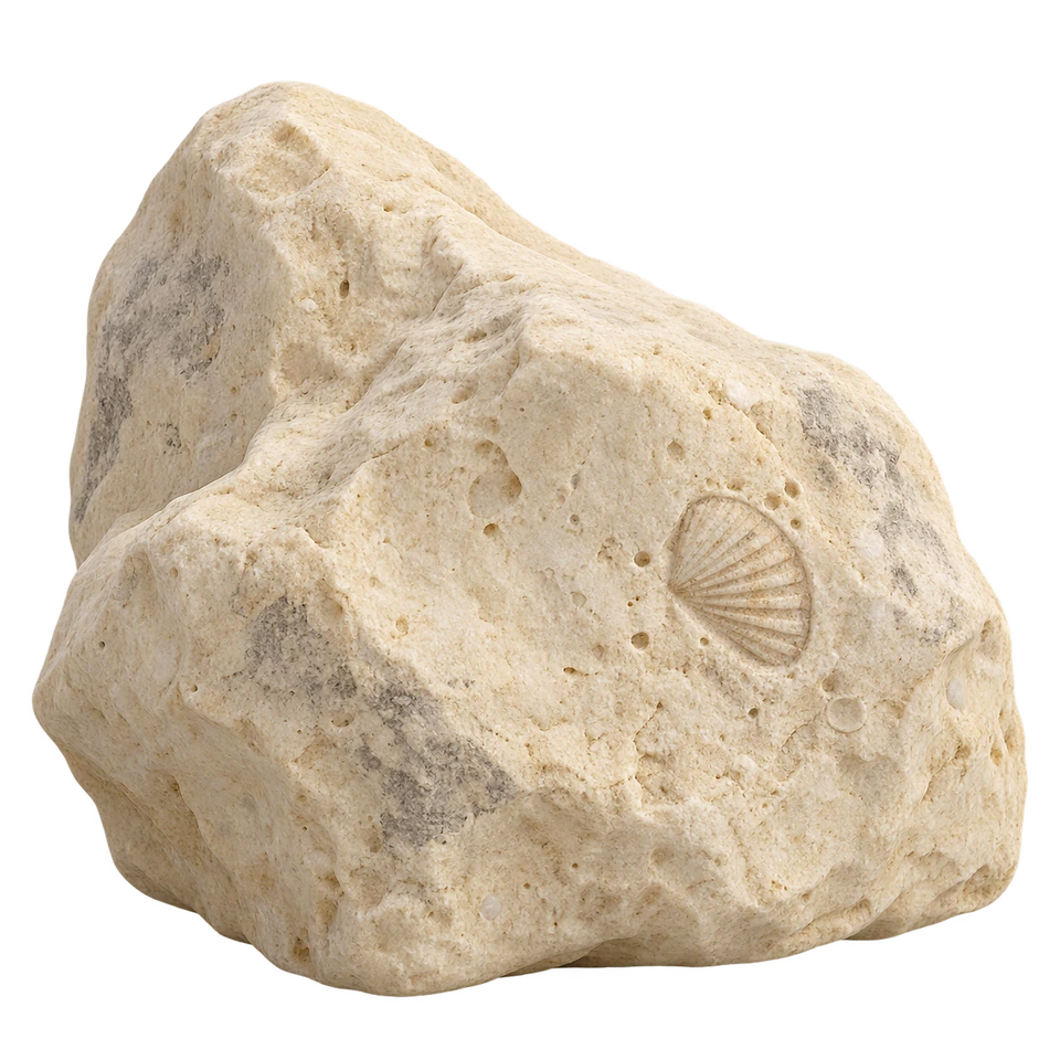 A pale limestone rock with a small fossil shell shape.