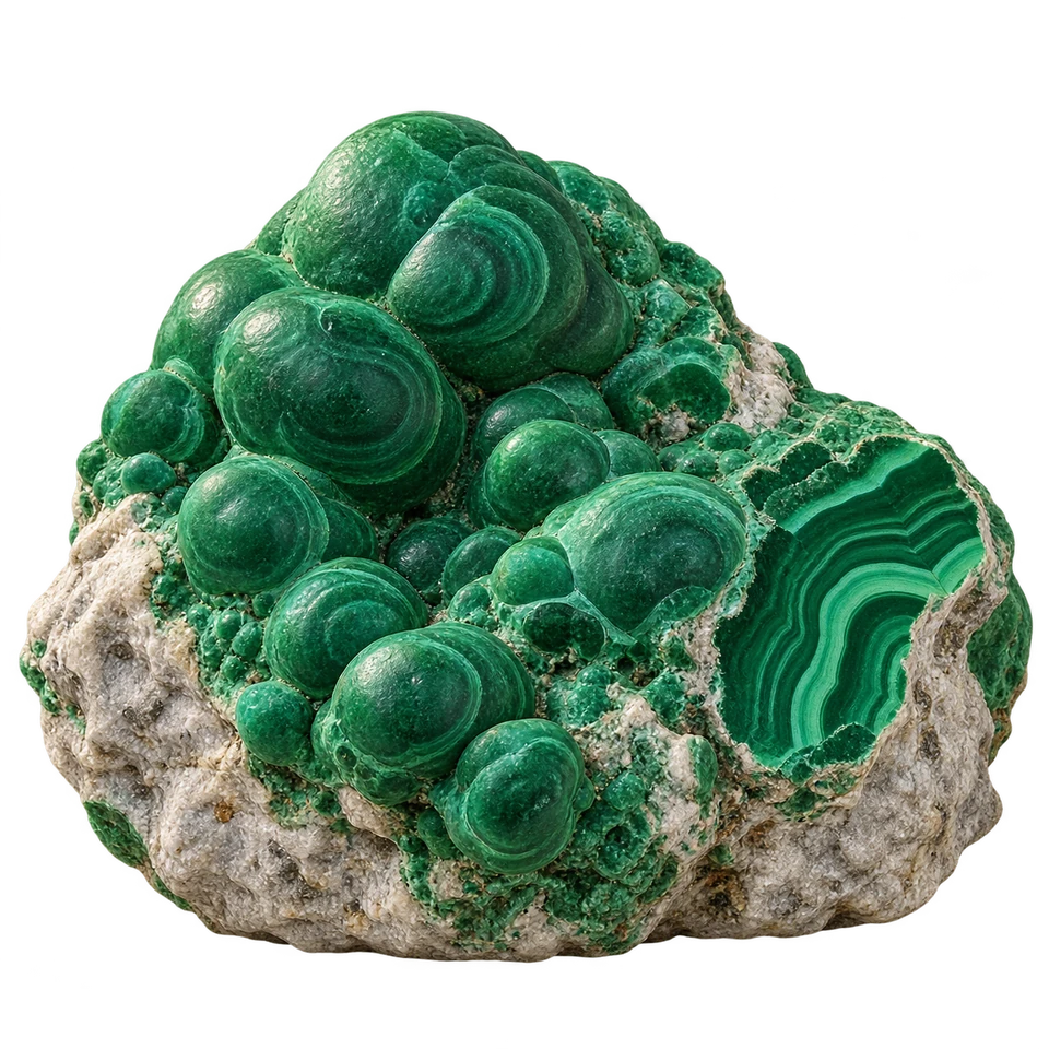Deep green malachite with rounded surfaces and green bands in a pale rock.
