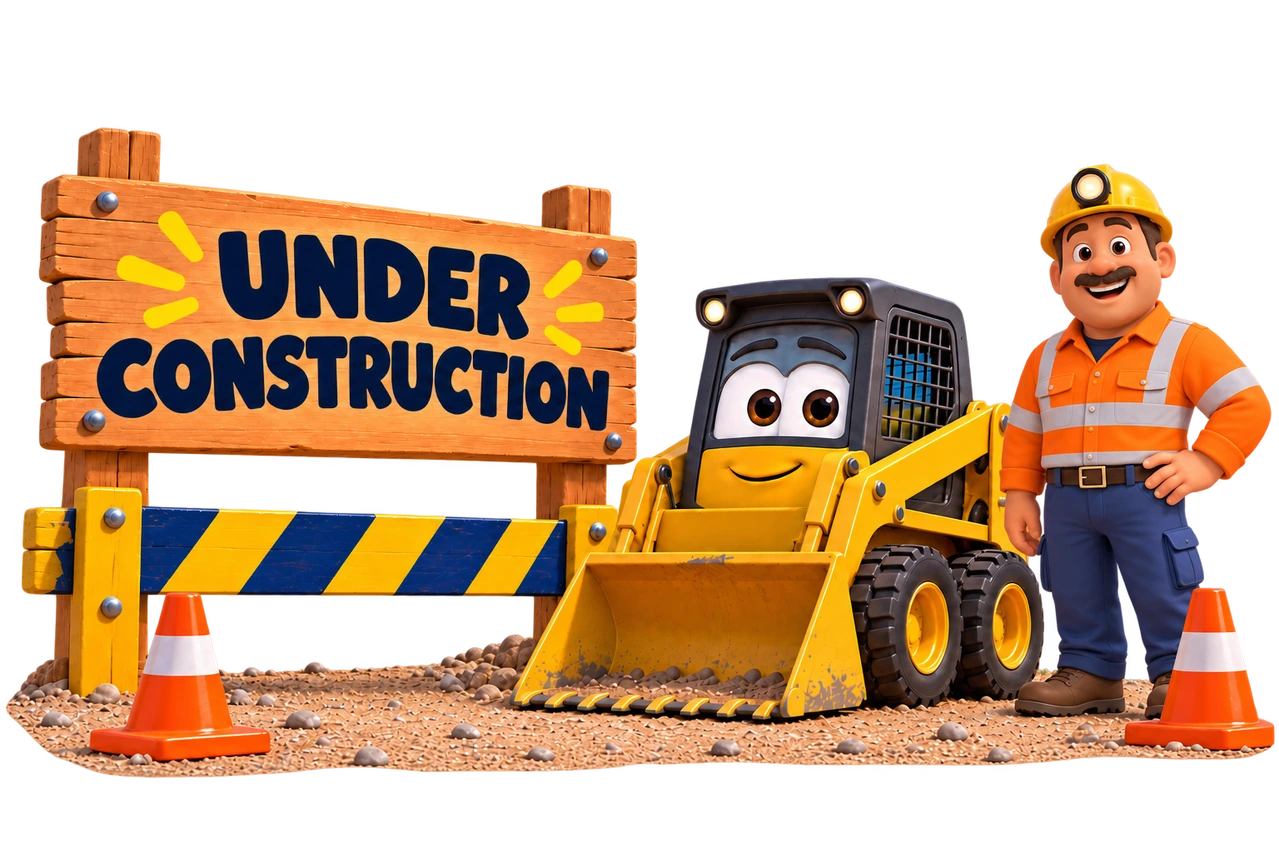 A friendly parked skid steer with eyes on its front windscreen and its bucket resting on the ground. An unnamed cartoon adult operator with a simple moustache in a hardhat and reflective workwear stands beside it, near an Under Construction sign with no scenic background.
