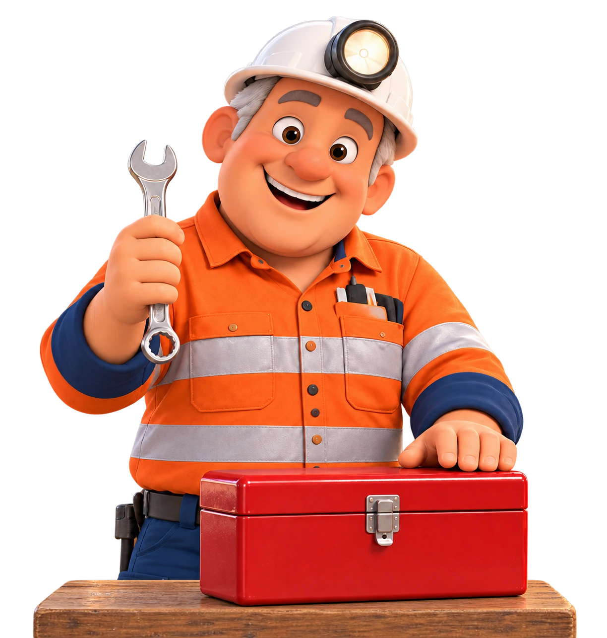 Gus holding a wrench beside his red toolbox, wearing his white hardhat.