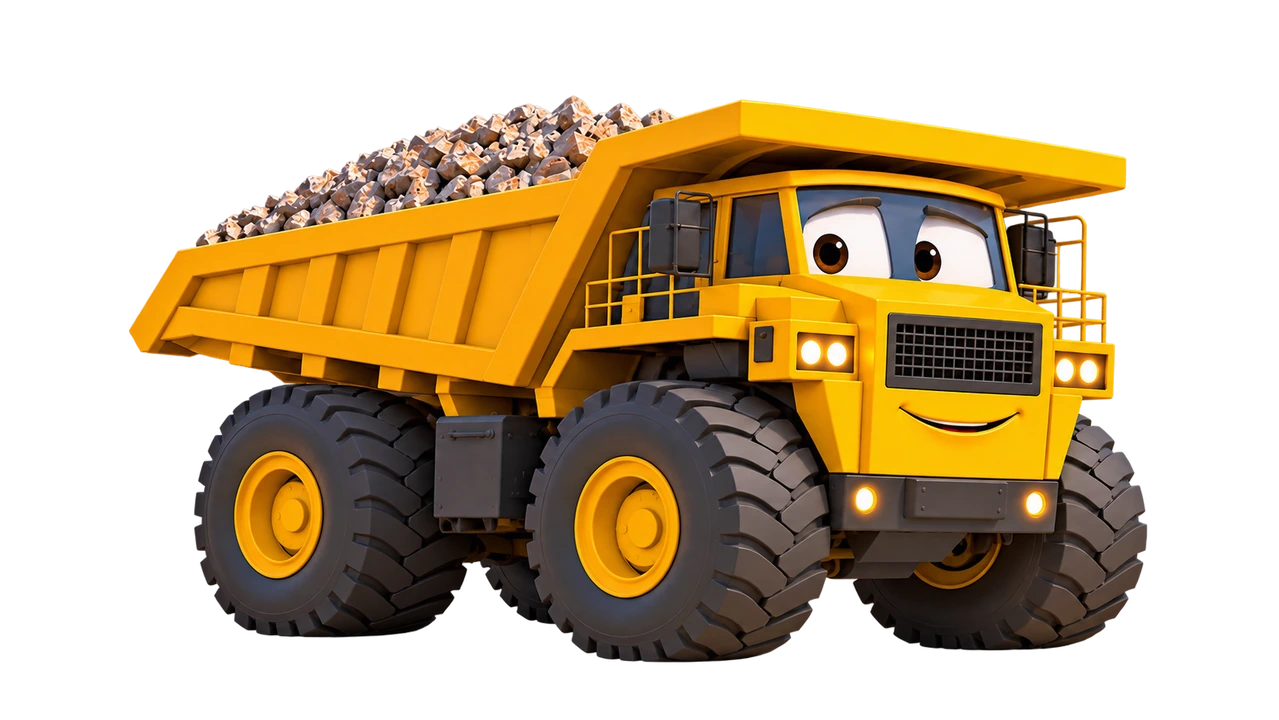 Hugo, the big yellow haul truck with friendly eyes in his windscreen.