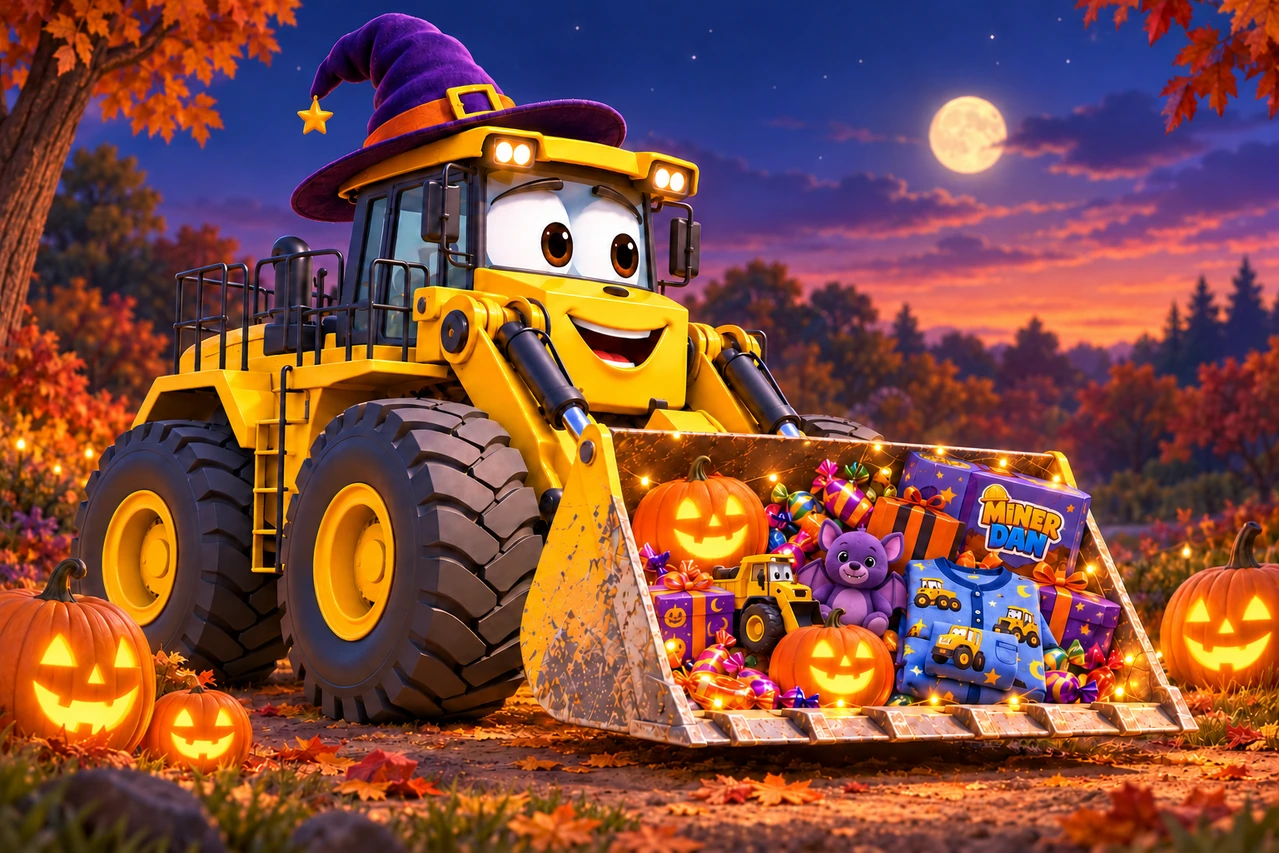 Lucy in a purple witch hat with smiling pumpkin lanterns, treats, toys and Miner Dan gifts in her bucket.